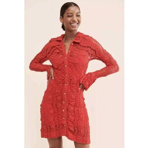 Free People Shayla Lace Mini Dress Red Rouge Long Sleeve Size XS MSRP $158‎